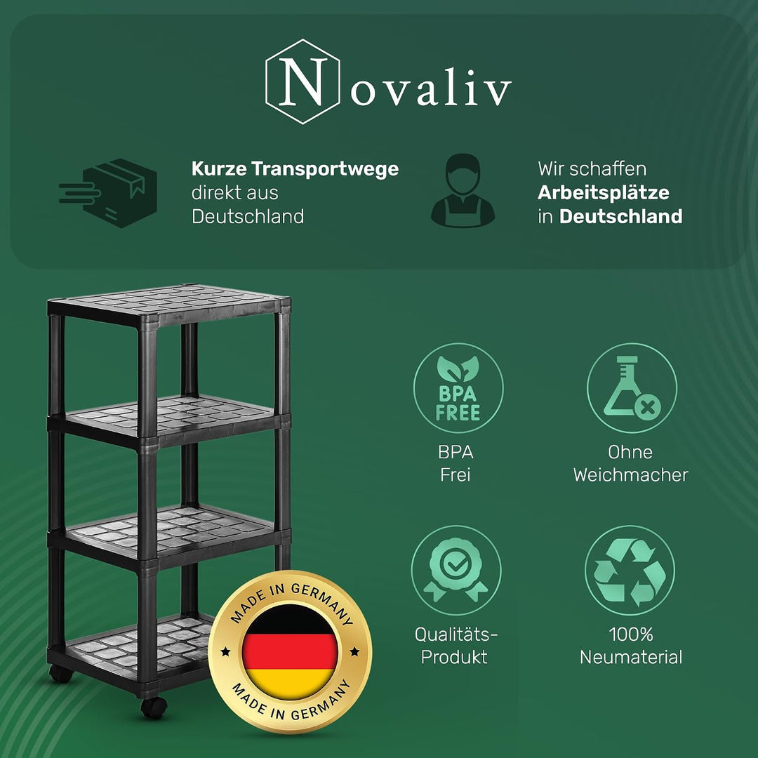 Novaliv Rollwagen mit 4 Etagen Schwarz, Badezimmer-Regal Badregal Bad Küche Ordnungswagen Beistellwa