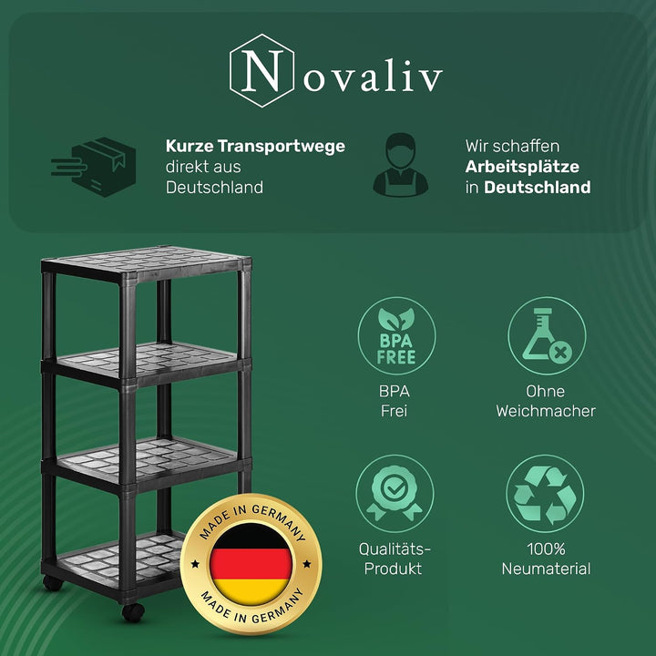 Novaliv Rollwagen mit 4 Etagen Schwarz, Badezimmer-Regal Badregal Bad Küche Ordnungswagen Beistellwa
