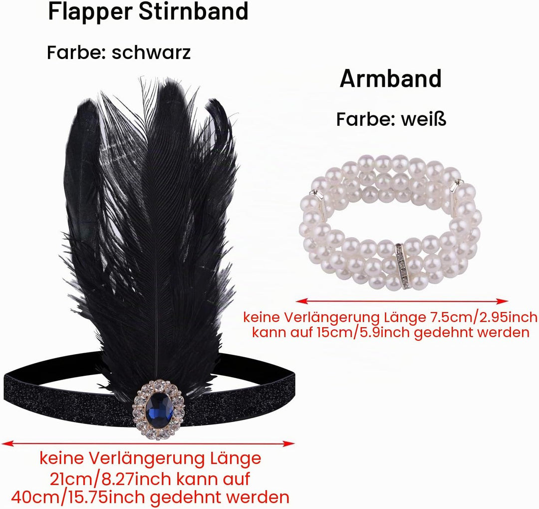 ELECLAND 1920er V-Ausschnitt Pailletten Perlen Fransenkleid mit 20er Accessoires Set M Schwarz, M Sc