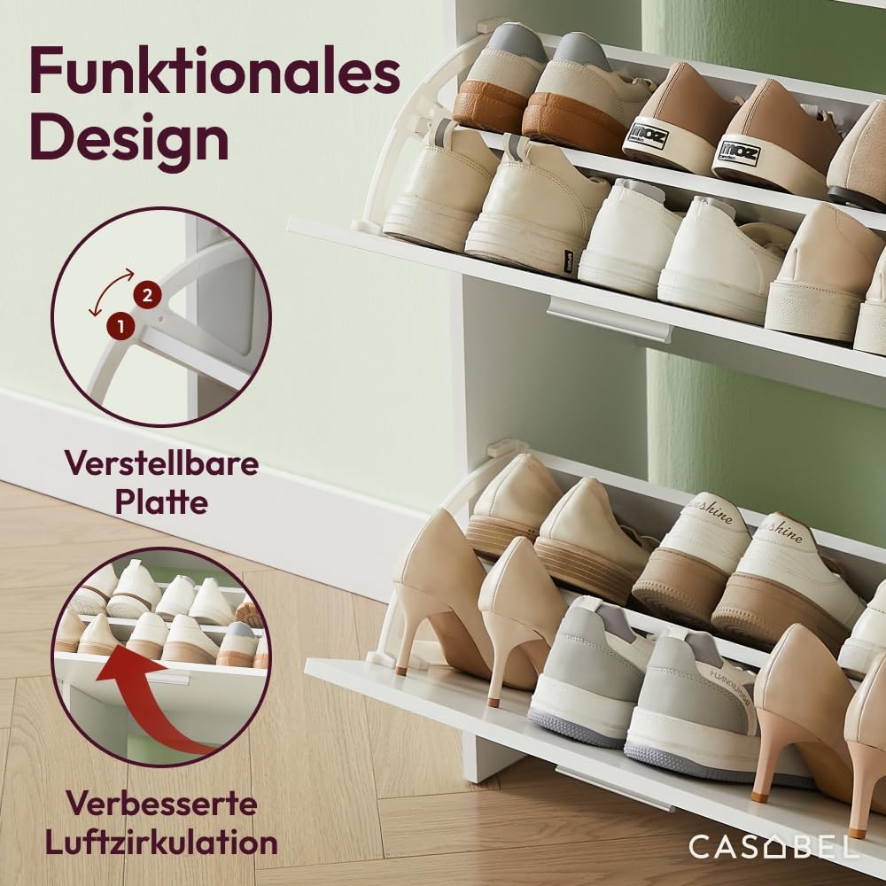 CASABEL Schuhschrank Schmal für 12 Paar Schuhe, Modernes Schuregal Holz mit 2 Klappen, Platzsparende