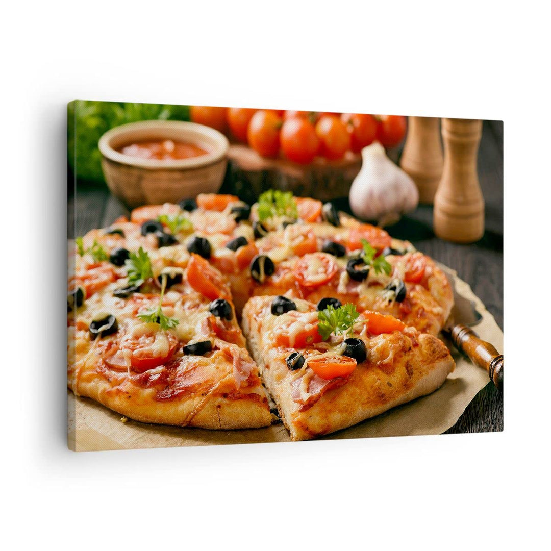 Bilder auf Leinwand Pizza Käse Tomaten Leinwandbild mit Rahmen 70x50cm Wandbilder Dekoration Wohnzim