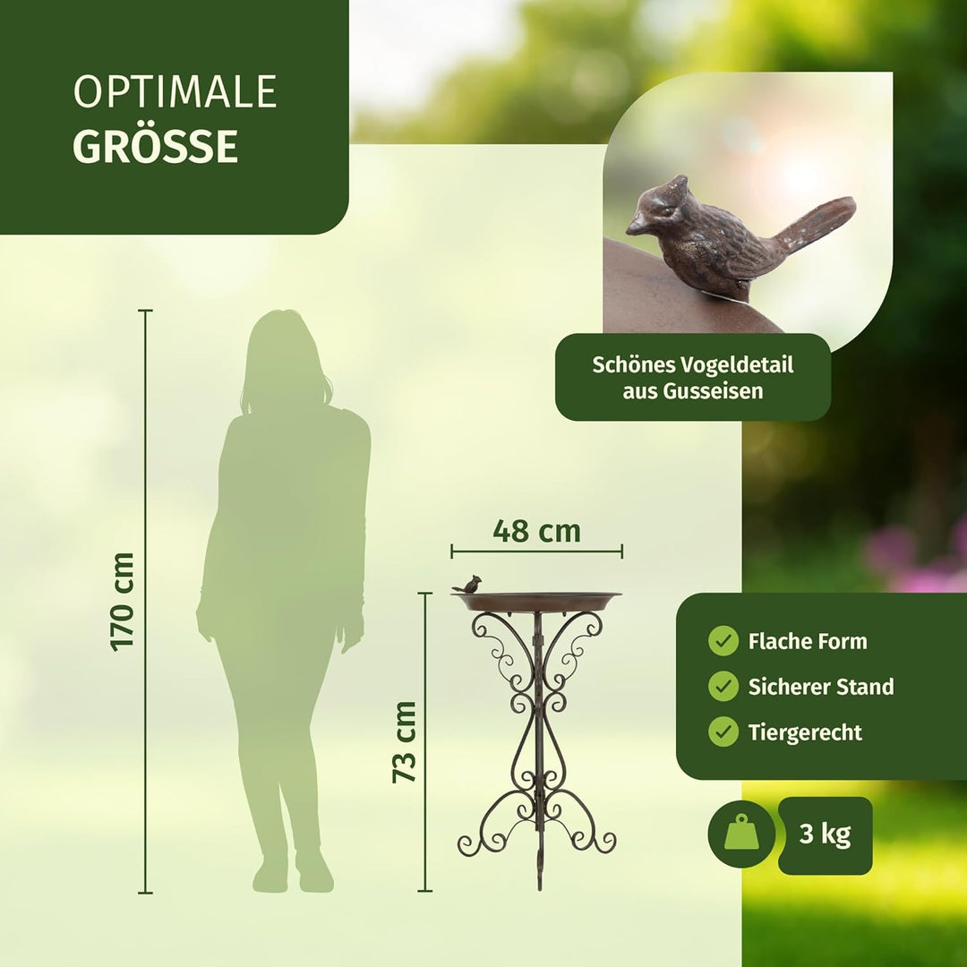 Moritz Vogeltränke Vogelbad Dunkelbraun mit kleinem Vogel auf der Wasserschale Höhe 73cm stehend Vog