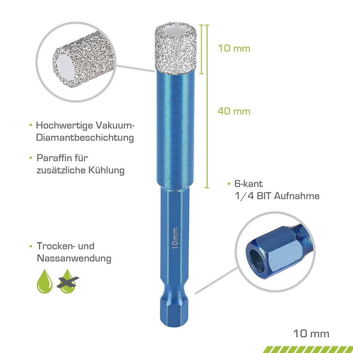 Profi Fliesenbohrer 10mm BIT Adapter - Diamantbohrer für Feinsteinzeug, harte Fliesen uvm. Diamantbo