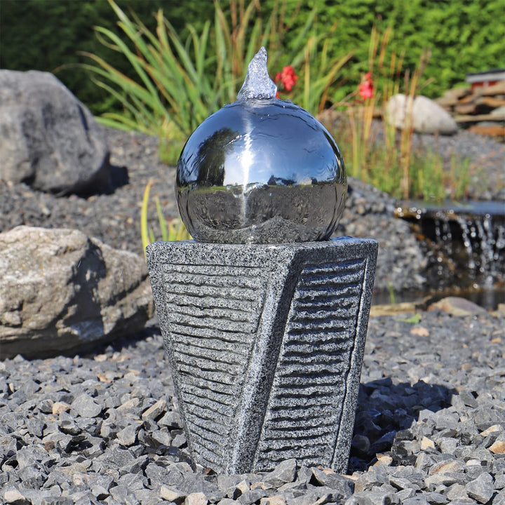 Granit Springbrunnen SB17-2 mit Säule und Edelstahl Kugel Gartenbrunnen Set Stein mit LED Beleuchtun