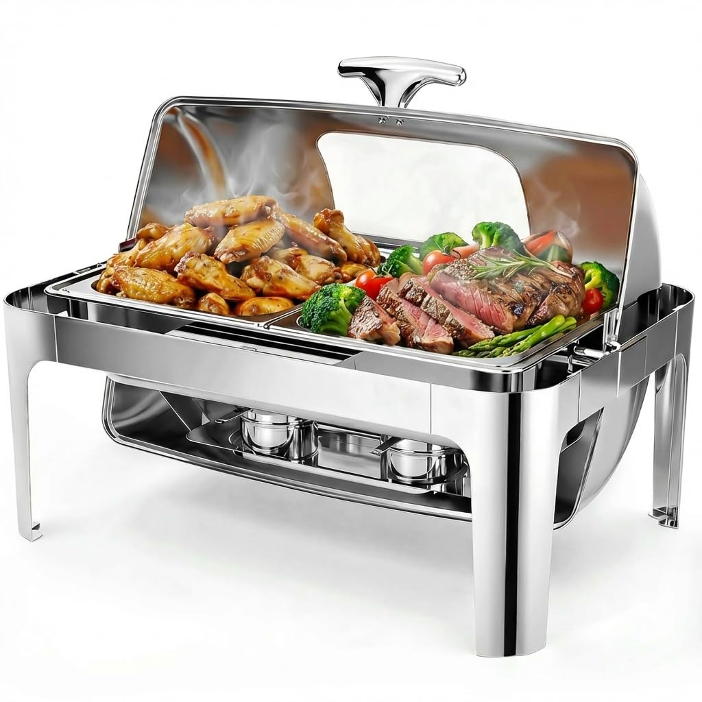 Garvee Chafing Dish Edelstahl Speisewärmer mit Roll-Top Deckel, 1/1 GN Behälter Buffetwärmer Set für