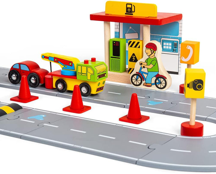 Bigjigs Rail Roadway Car Accessory Pack - 25 Piece Wooden Car Track Accessories with Vehicles, Road
