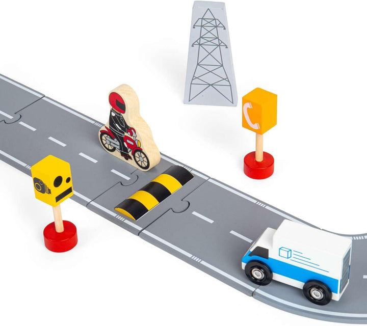 Bigjigs Rail Roadway Car Accessory Pack - 25 Piece Wooden Car Track Accessories with Vehicles, Road