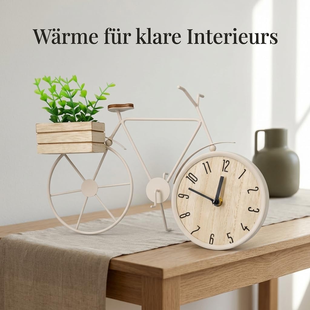 MIJOMA Tischuhr Fahrrad 34 x 24 cm – Metallrahmen mit Holzbox und Deko-Pflanze – analoges Zifferblat