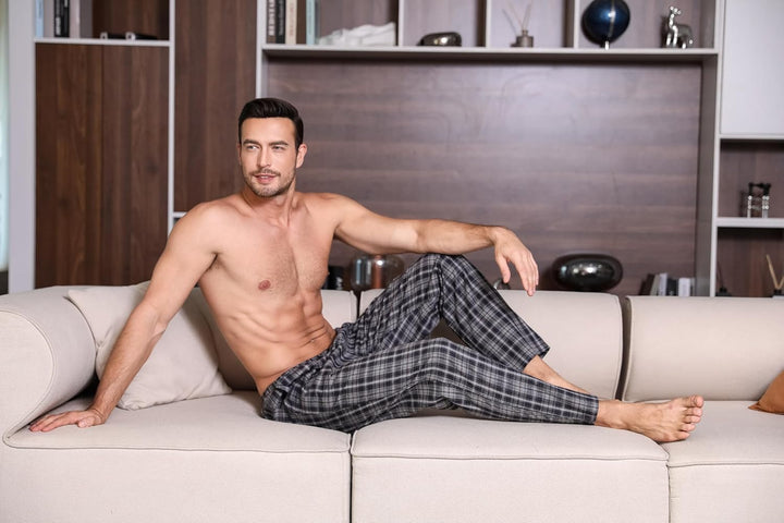 Winovia Herren Schlafanzughose Lang Baumwolle Karierte Pyjamahose Lounge Hose Pyjamaunterteil Freize