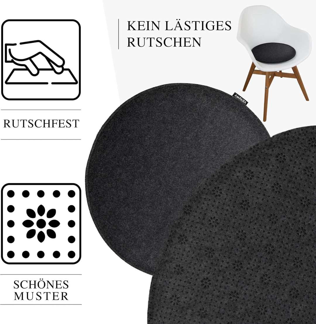 4er Set Stuhlkissen rund 33 cm - rutschfest &amp; Gemütlich - Sitzkissen Filz rund | für Stuhl, Bank, Ho