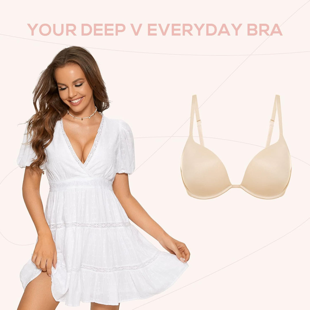 DOBREVA Damen Push Up Bügel BH Tiefer Ausschnitt Plunge Gepolstert T Shirt BHS 75E Beige, 75E Beige