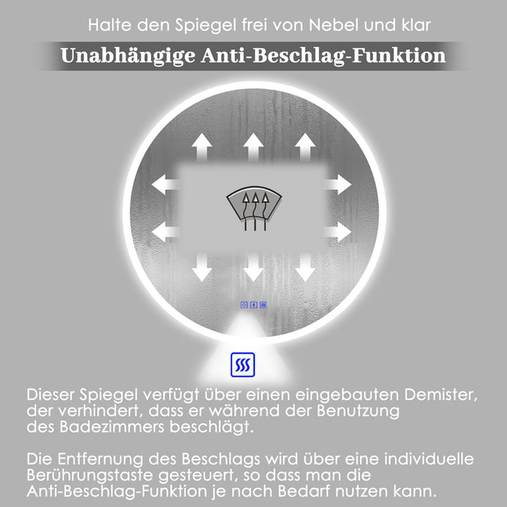 Finmrys Badspiegel mit Beleuchtung Rund 60 cm mit Bluetooth-Lautsprecher und Touch-Schalter Beschlag