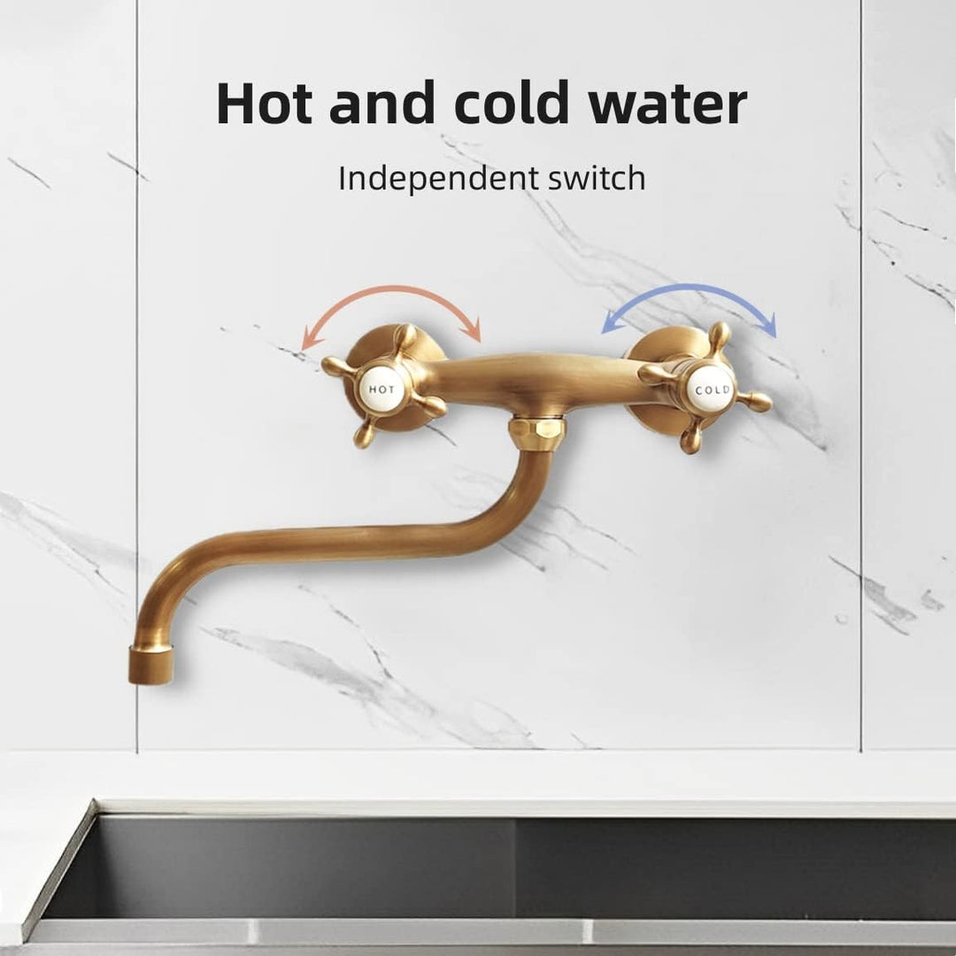 Wasserhahn Küche Wandmontage Messing Antik, Küchenarmatur Mischbatterie Wand, 360°Drehbar Doppelgrif