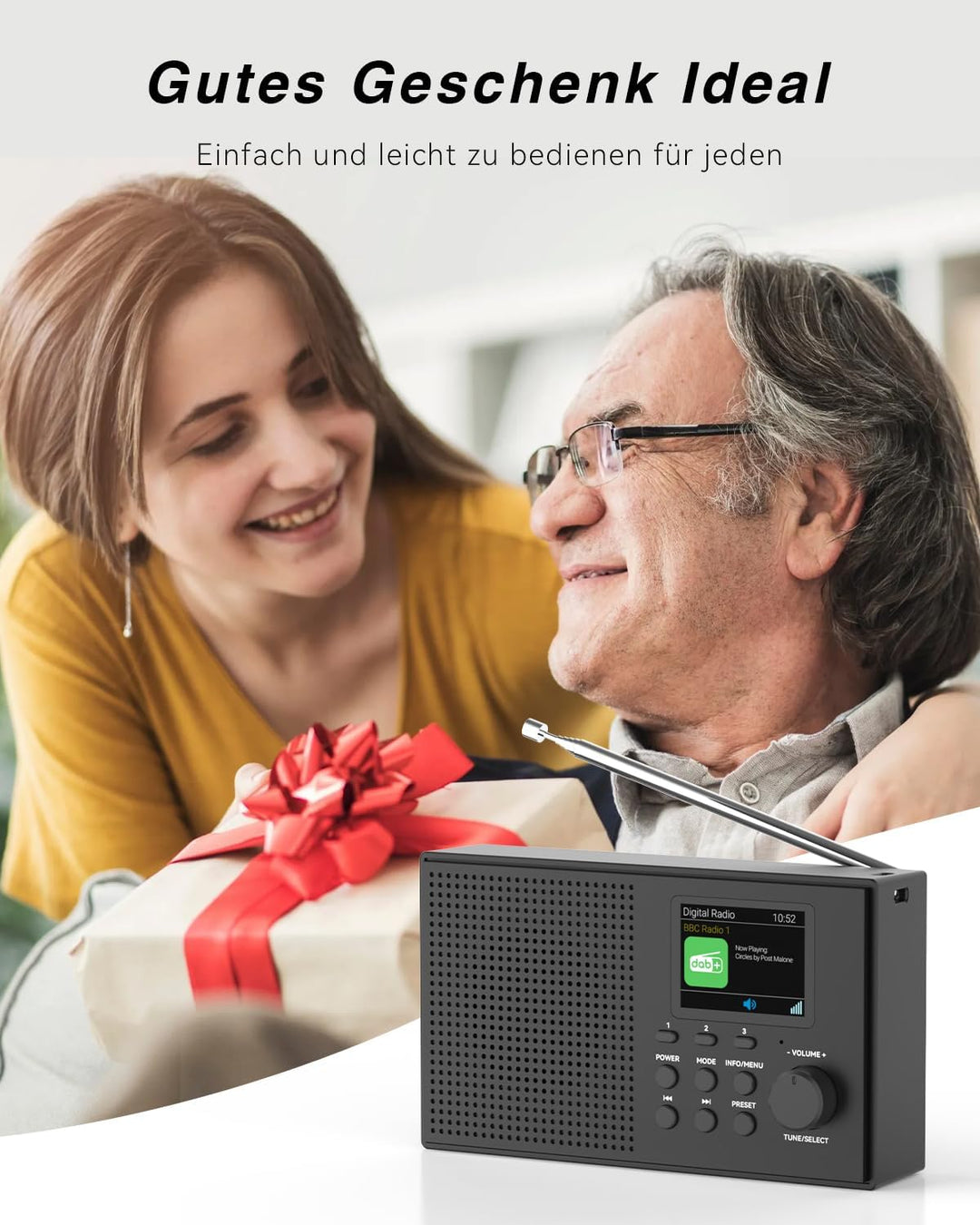 Tragbarer DAB DAB+ Radio mit Bluetooth, UKW Digital Radio, FM Wiederaufladbar Radio mit 2,4" Farbdis