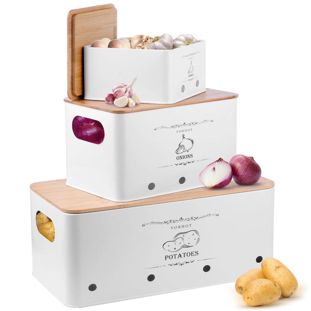 Kartoffel Aufbewahrungsbox, 3er Set Zwiebel Kartoffel Knoblauch Aufbewahrung, Kartoffelbox mit Decke