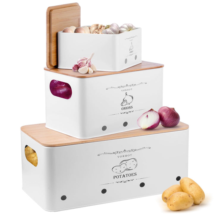 Kartoffel Aufbewahrungsbox, 3er Set Zwiebel Kartoffel Knoblauch Aufbewahrung, Kartoffelbox mit Decke