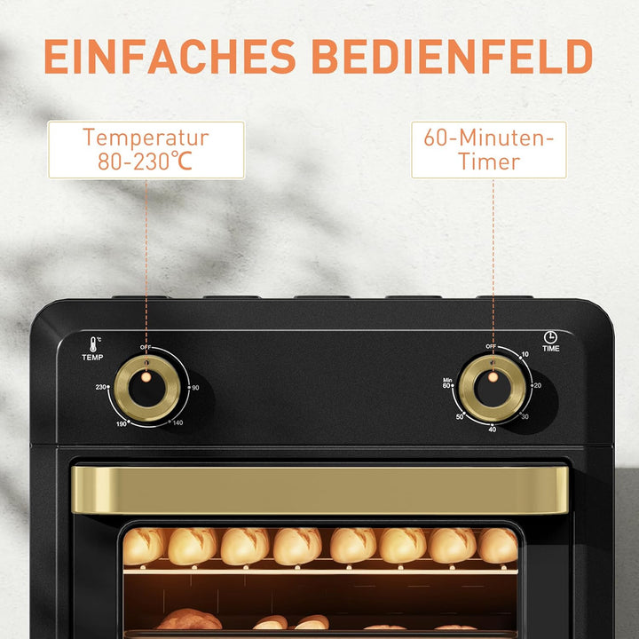 HOMCOM Minibackofen mit Umluft, 10L Heissluftfritteuse, Backofen Klein mit 60-Min-Timer und Innenbel