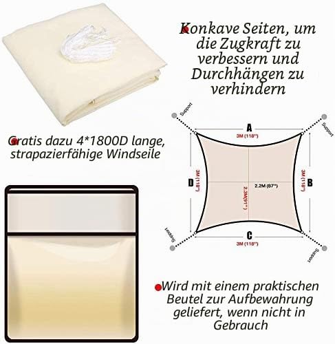 Sonnensegel Sonnenschutz inkl Befestigungsseile PES Polyester Wasserdicht 3 x 3m Quadrat Sonnensegel