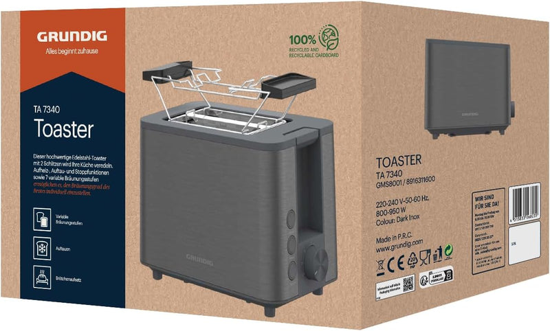 Grundig TA 7340 Toaster, 950 Watt Leistung, Automatische Pop-Up-Funktion & Brotzentrierung, variable