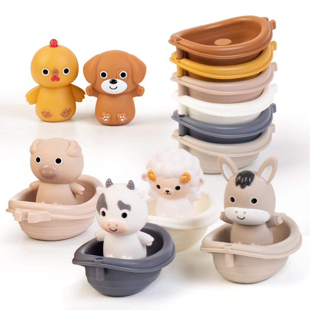 12 Stück Badewannenspielzeug: Baby Badespielzeug mit Tierfiguren, Bauernhof-Fingerpuppen &amp; stapelbar