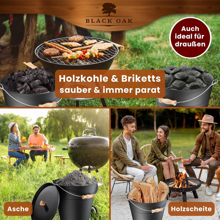 BLACK OAK Ascheeimer Fuego 10L - schwarz mit Deckel mit Holz-Griff &amp; Handschuhen - 10L gross Stahl f