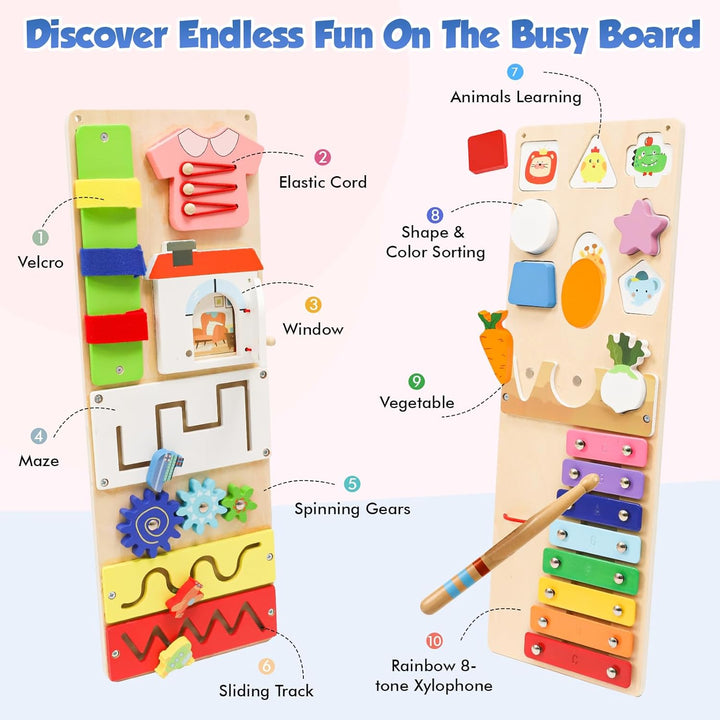 Montessori Spielzeug Busy Board ab 1 Jahr, Activity Board Baby Motorikbrett aus Holz, Reisespielzeug