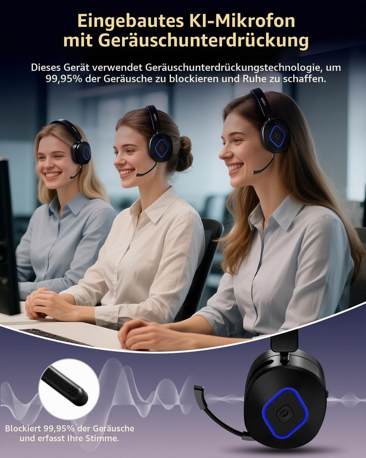 Wantek Bluetooth Headset mit Mikrofon & USB Dongle, Akku 45h+, Wireless Headset PC mit Noise Cancell