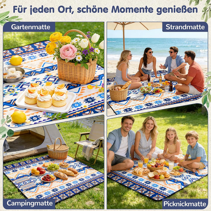 Ulikey Picknickdecke, 200 x 200 cm Stranddecke Sandfrei, Boho Picknickdecke Wasserdicht Isoliert, Tr