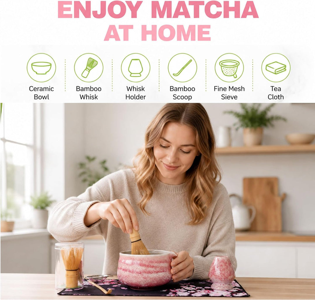 Matcha Set 8 Teilig, Matcha Tee Set Mit Schale, Bambusbesen, Halter, Sieb Und Lührer, Keramik Teeset