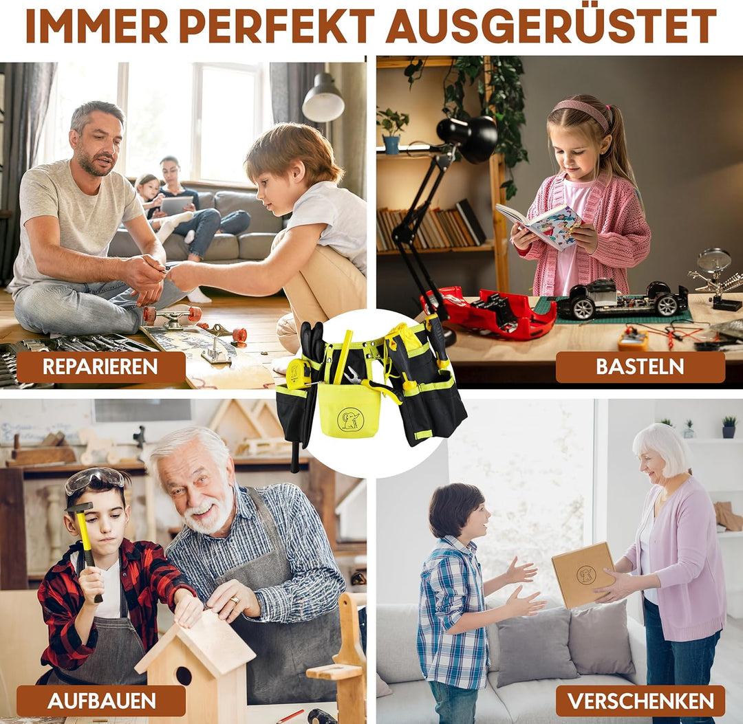 Eli® Werkzeuggürtel Kinder Set ab 6 Jahre - hochwertiges echtes Kinderwerkzeug - inkl. Hammer und Sc