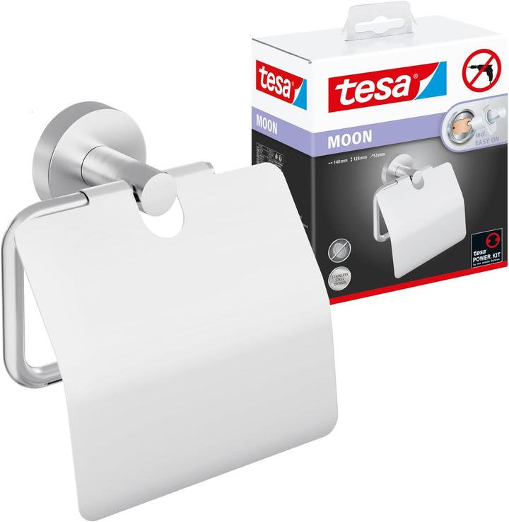 tesa Moon Toilettenpapierhalter mit Deckel, verchromt - WC-Rollenhalter zur Wandbefestigung ohne Boh