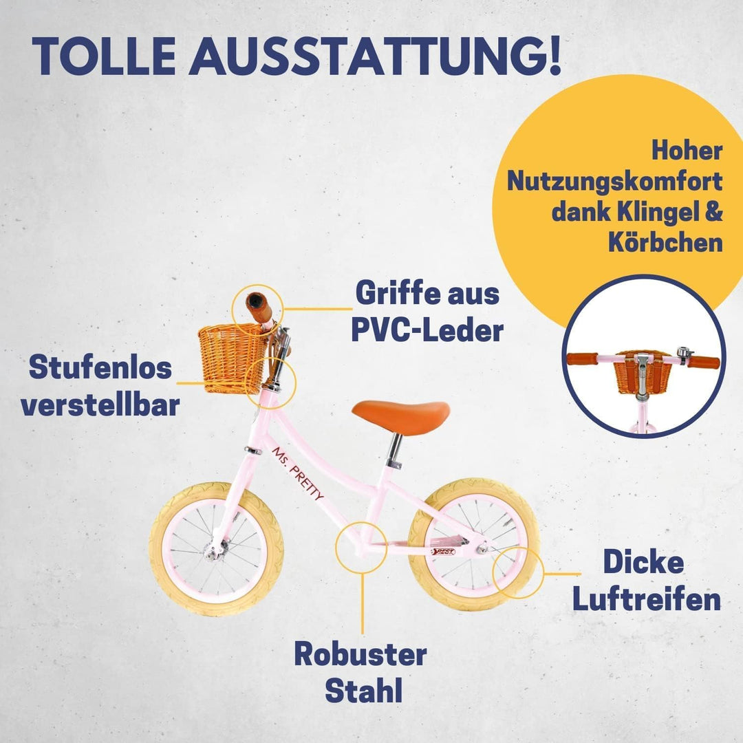 BEST SPORTING Laufrad Retro für Kinder ab 3 Jahren, mit Klingel und Korb, 12 Zoll Räder (rosé), 3111