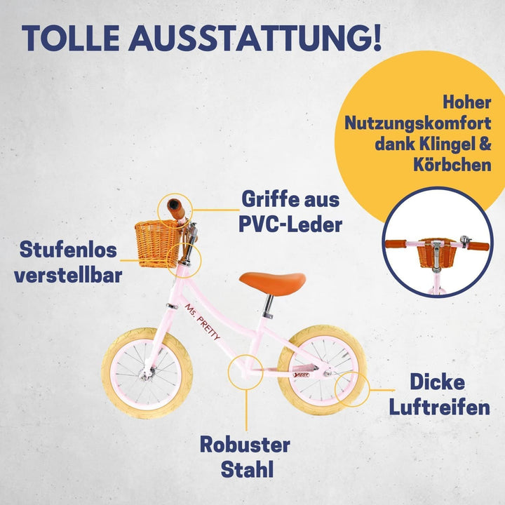 BEST SPORTING Laufrad Retro für Kinder ab 3 Jahren, mit Klingel und Korb, 12 Zoll Räder (rosé), 3111