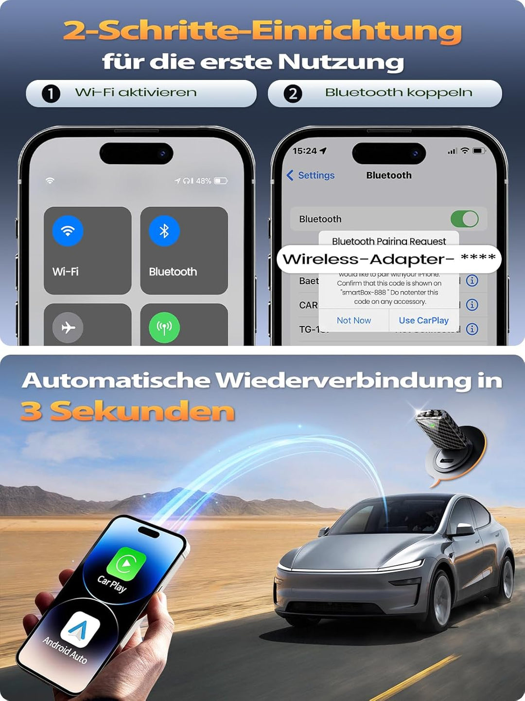 Mini CarPlay Wireless Adapter für Apple CarPlay, Android Auto Adapter für Auto GPS Navigation, Karbo