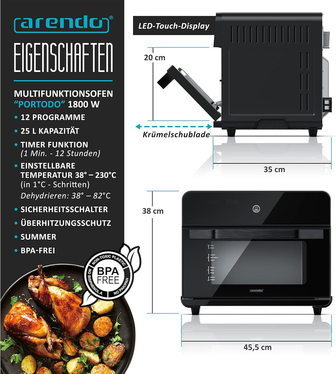 Arendo - Minibackofen 25l - Heissluftfritteuse 25 Liter Edelstahl - Multifunktionsofen - mini Backof