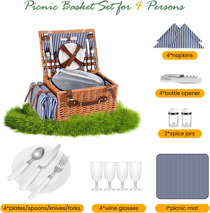 Picknickkorb,Picknickkorb 4 Personen mit Grossem Isoliertem Kühlfach und wasserdichte Picknickdecke,