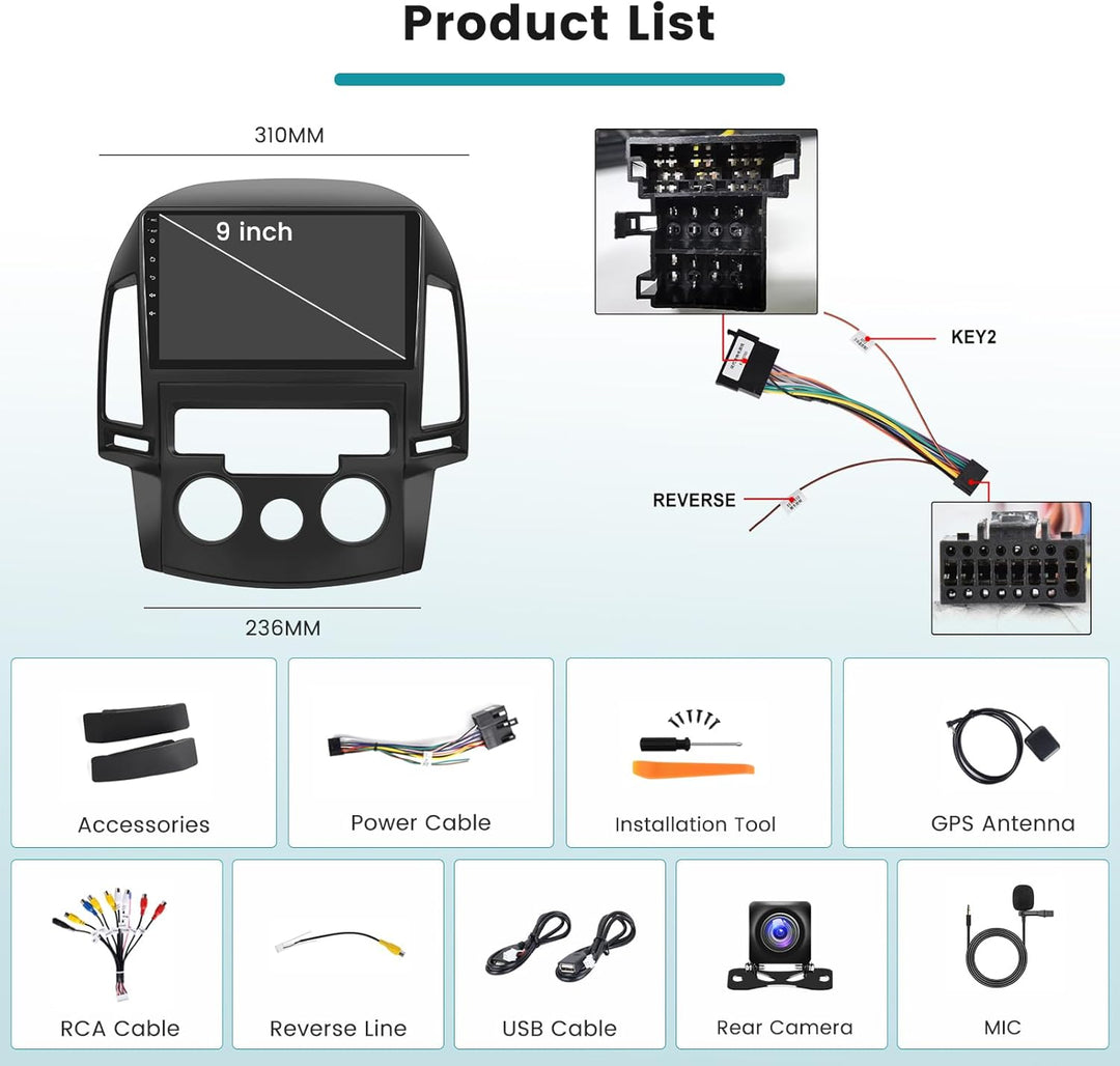 Hikity 2+64G Android 15 Autoradio Für Hyundai i30 2006-2011 mit Wireless Carplay Android Auto, 9 Zol