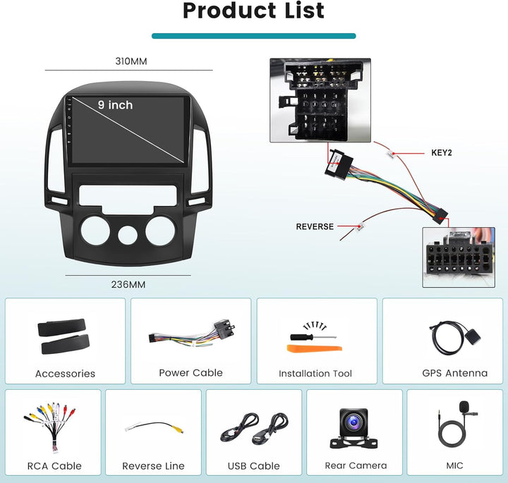 Hikity 2+64G Android 15 Autoradio Für Hyundai i30 2006-2011 mit Wireless Carplay Android Auto, 9 Zol