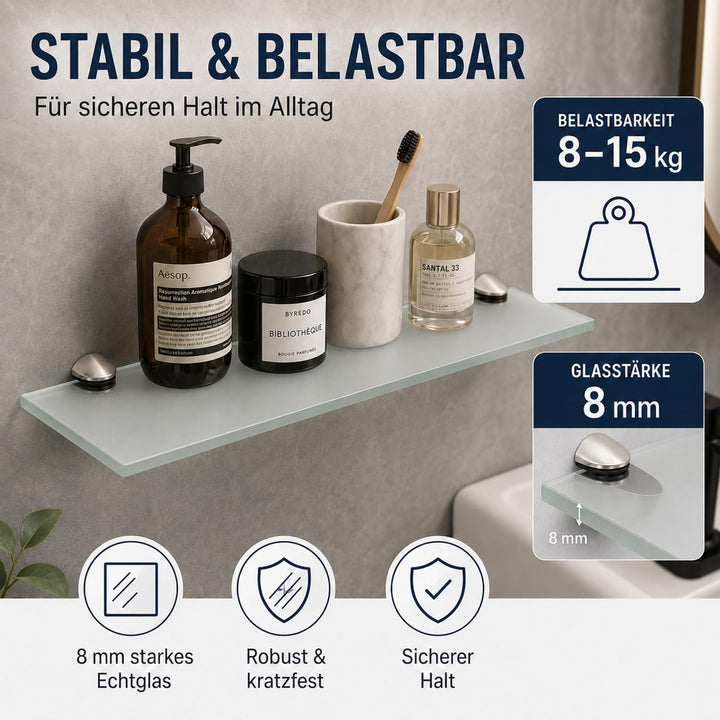 Glasablage Bad Matt 40 x 10 cm, Wandregal aus 8 mm gehärtetem Glas, Badezimmer Glasregal mit Zinkleg