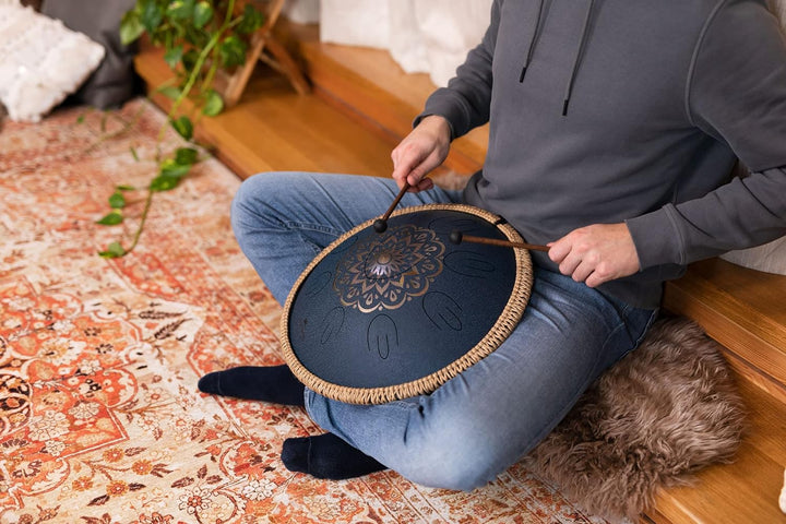 Sonic Energy 16" Oktavierte Zungentrommel – D Amara – Blau, mit Gravur – Für Meditation, Yoga, Percu