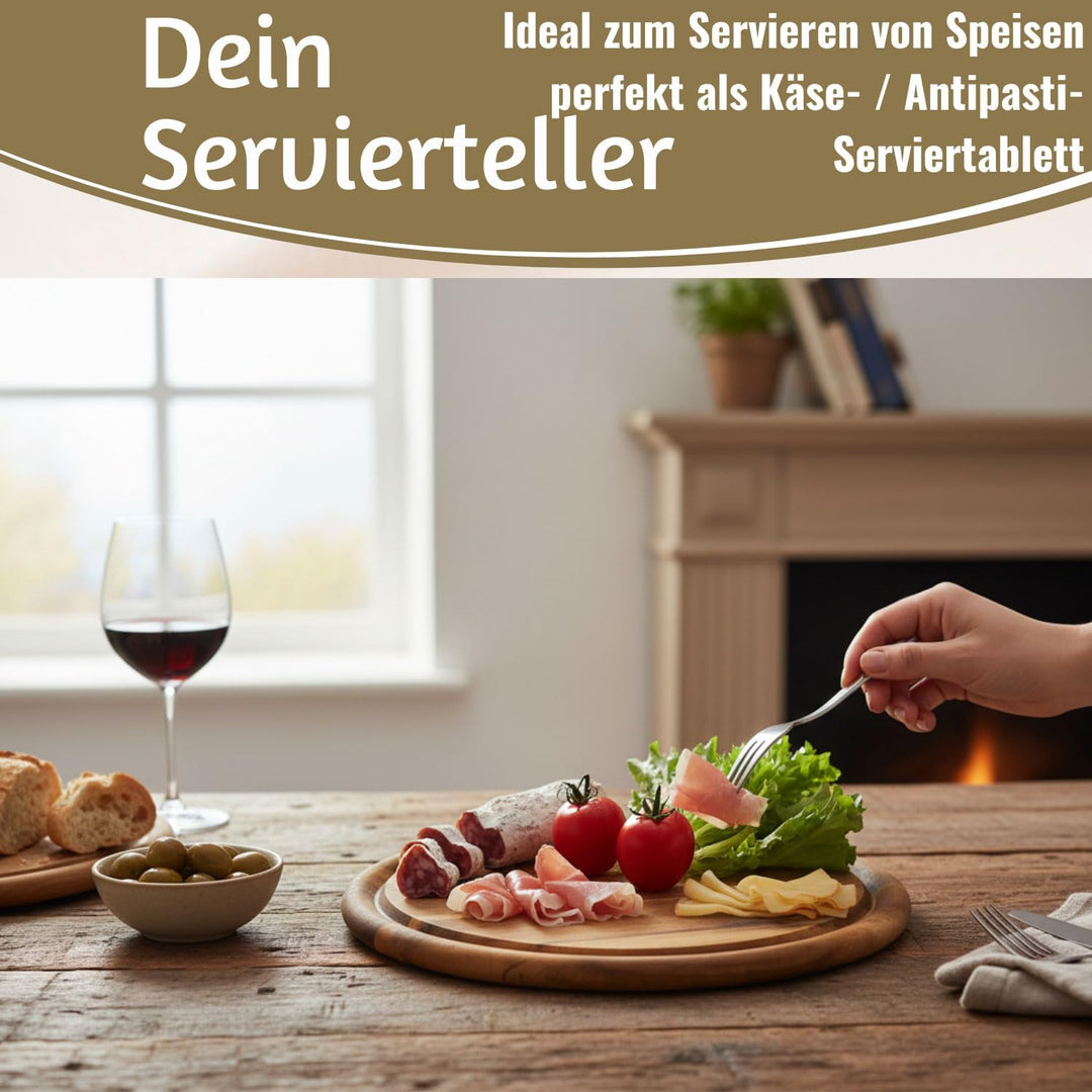 LS-LebenStil 6x Holz Fleischteller 25cm Rund FSC Akazie - Set - 6 Stück - Schneidebrett mit Saftrill