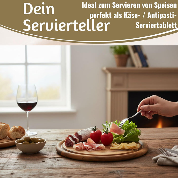 LS-LebenStil 4x Holz Fleischteller 25cm Rund FSC Akazie - Set - 4 Stück - Schneidebrett mit Saftrill