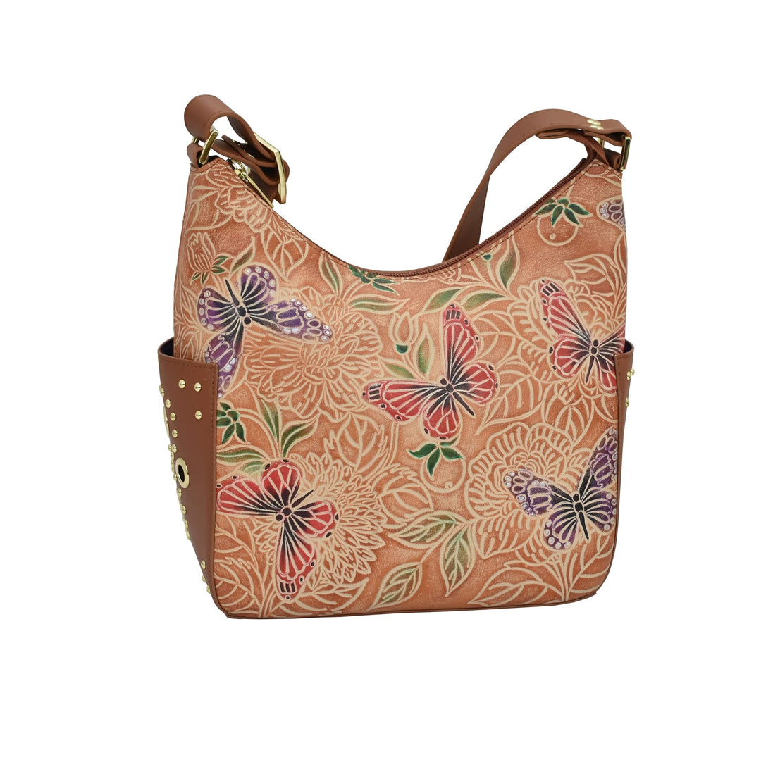 Anuschka Klassische Handbemalte Hobo Tasche aus echtem Leder mit beschlagenen Seitenfächern Tooled B