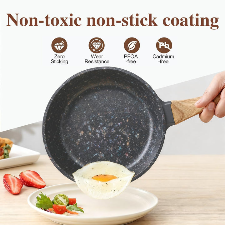 Zoll Antihaft-Bratpfannen-Set mit Holzgriffen - keramikbeschichtete Aluminiumpfannen, alle Herdplatt
