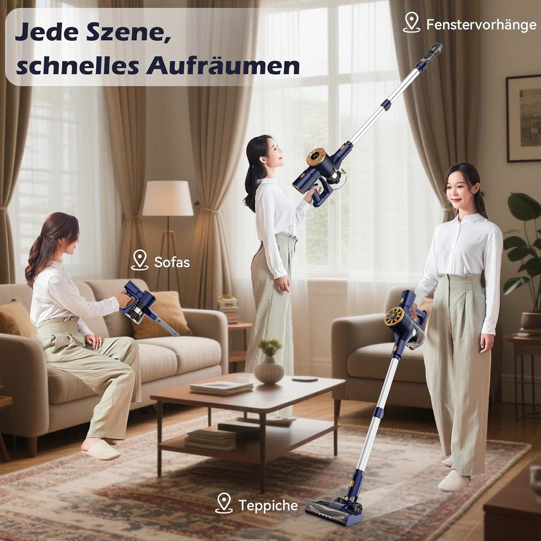 Akku Staubsauger 45KPa / 350W, Staubsauger Kabellos mit 4 × HEPA, V-förmige Anti-Tangle-Bürste, HEPA