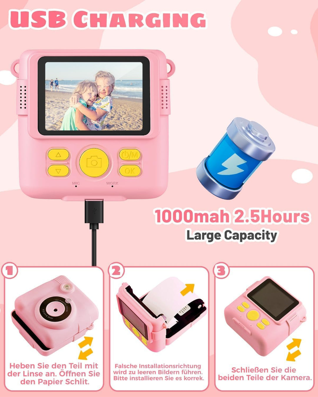 YKSLEMON Kinderkamera Sofortbildkamera, 2,4'' Bildschirm Sofortbildkamera Kinder, 24MP-1080P Digital