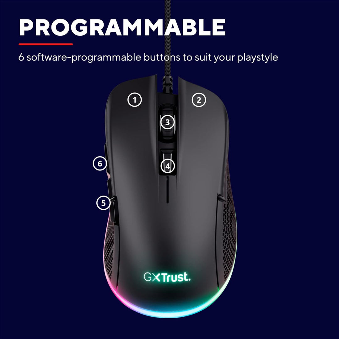 Trust Gaming GXT 922 Ybar Gaming Maus, 68% Recycelten Materialien, RGB LED-Beleuchtung, 6 Programmie
