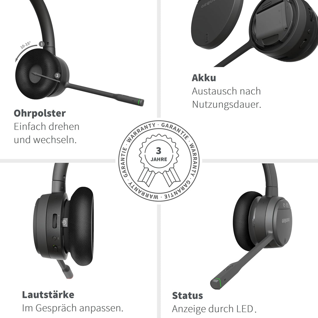 GEQUDIO GC-2 DECT Headset für FritzBox - Kabellos Telefonieren mit Anrufsteuerung am FritzFon – Dual