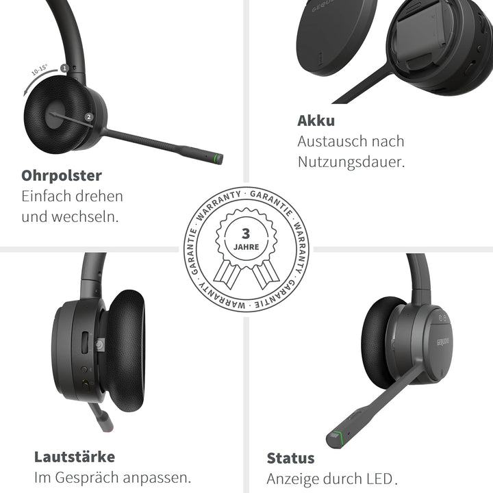 GEQUDIO GC-2 DECT Headset für FritzBox - Kabellos Telefonieren mit Anrufsteuerung am FritzFon – Dual