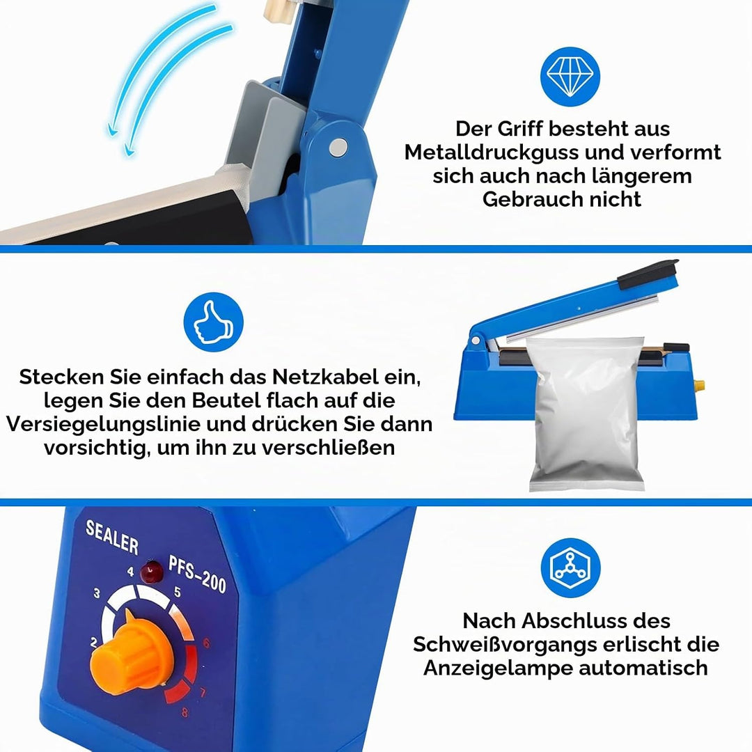 Folienschweissgerät, 200mm Heisssiegelgerät mit 2mm Dichtungsbreite Tragbares, Versiegelungsgerät, V
